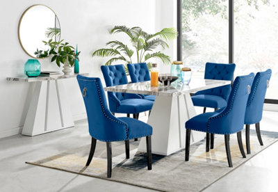 Athens White Marble Dining Table 6 Blue Belgravia Black Leg Chairs