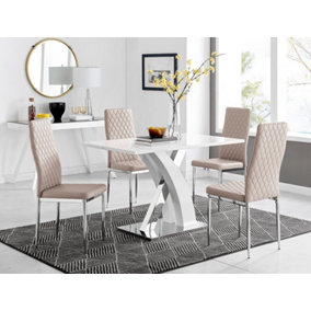 Atlanta White High Gloss and Chrome 4 Seater Dining Table with Statement X Shaped Legs and 4 Beige Faux Leather Milan Chairs