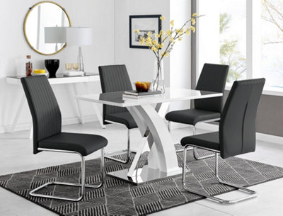 Atlanta White High Gloss and Chrome 4 Seater Dining Table with Statement X Shaped Legs and 4 Black Faux Leather Lorenzo Chairs