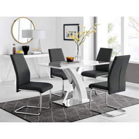 Atlanta White High Gloss and Chrome 4 Seater Dining Table with Statement X Shaped Legs and 4 Black Faux Leather Lorenzo Chairs