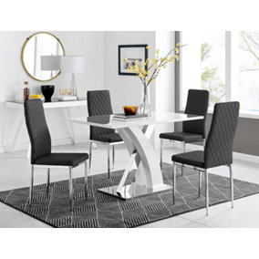 Atlanta White High Gloss and Chrome 4 Seater Dining Table with Statement X Shaped Legs and 4 Black Faux Leather Milan Chairs
