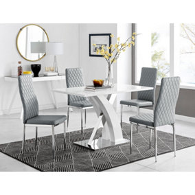 Atlanta White High Gloss and Chrome 4 Seater Dining Table with Statement X Shaped Legs and 4 Grey Faux Leather Milan Chairs