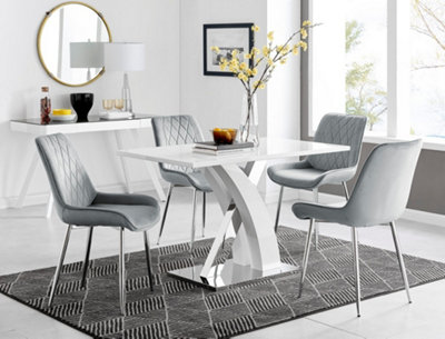 Atlanta White High Gloss and Chrome 4 Seater Dining Table with Statement X Shaped Legs and 4 Grey Velvet Pesaro Chairs