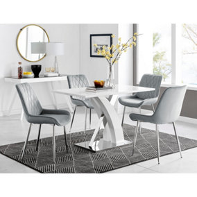 Atlanta White High Gloss and Chrome 4 Seater Dining Table with Statement X Shaped Legs and 4 Grey Velvet Pesaro Chairs