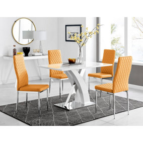 Atlanta White High Gloss and Chrome 4 Seater Dining Table with Statement X Shaped Legs and 4 Mustard Faux Leather Milan Chairs