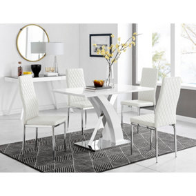 Atlanta White High Gloss and Chrome 4 Seater Dining Table with Statement X Shaped Legs and 4 White Faux Leather Milan Chairs