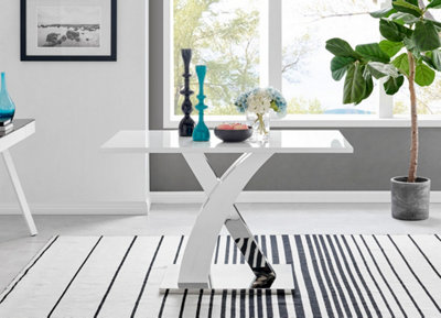 Atlanta White High Gloss and Chrome 4 Seater Dining Table with Statement X Shaped Legs for Modern Stylish Dining Room