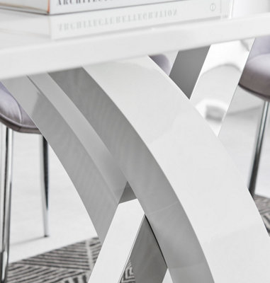 Atlanta White High Gloss and Chrome 4 Seater Dining Table with Statement X Shaped Legs for Modern Stylish Dining Room