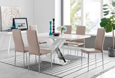 Atlanta White High Gloss and Chrome 6 Seater Dining Table with Statement X Shaped Legs and 6 Beige Faux Leather Milan Chairs