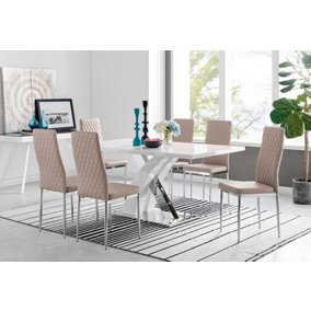 Atlanta White High Gloss and Chrome 6 Seater Dining Table with Statement X Shaped Legs and 6 Beige Faux Leather Milan Chairs