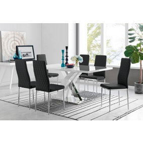 Atlanta White High Gloss and Chrome 6 Seater Dining Table with Statement X Shaped Legs and 6 Black Faux Leather Milan Chairs