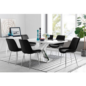 Atlanta White High Gloss and Chrome 6 Seater Dining Table with Statement X Shaped Legs and 6 Black Velvet Pesaro Chairs