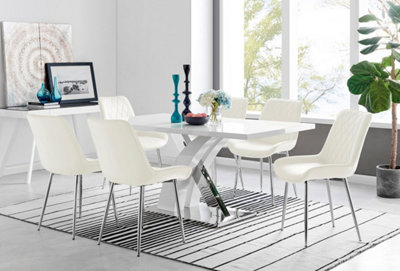 Atlanta White High Gloss and Chrome 6 Seater Dining Table with Statement X Shaped Legs and 6 Cream Velvet Pesaro Chairs