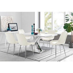 Atlanta White High Gloss and Chrome 6 Seater Dining Table with Statement X Shaped Legs and 6 Cream Velvet Pesaro Chairs