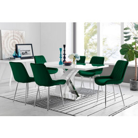 Atlanta White High Gloss and Chrome 6 Seater Dining Table with Statement X Shaped Legs and 6 Green Velvet Pesaro Chairs