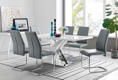 Atlanta White High Gloss and Chrome 6 Seater Dining Table with Statement X Shaped Legs and 6 Grey Faux Leather Lorenzo Chairs