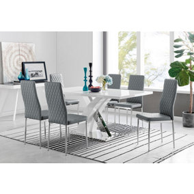 Atlanta White High Gloss and Chrome 6 Seater Dining Table with Statement X Shaped Legs and 6 Grey Faux Leather Milan Chairs
