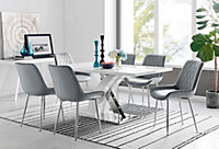Atlanta White High Gloss and Chrome 6 Seater Dining Table with Statement X Shaped Legs and 6 Grey Velvet Pesaro Chairs