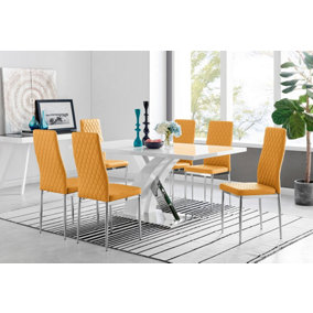 Atlanta White High Gloss and Chrome 6 Seater Dining Table with Statement X Shaped Legs and 6 Mustard Faux Leather Milan Chairs
