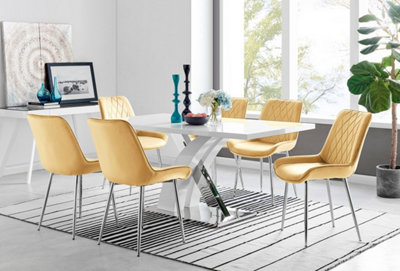 Atlanta White High Gloss and Chrome 6 Seater Dining Table with Statement X Shaped Legs and 6 Mustard Velvet Pesaro Chairs