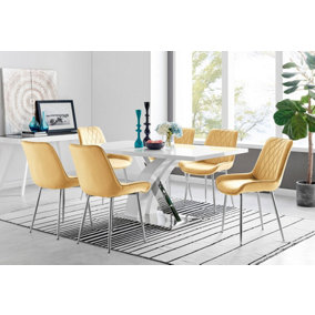 Atlanta White High Gloss and Chrome 6 Seater Dining Table with Statement X Shaped Legs and 6 Mustard Velvet Pesaro Chairs