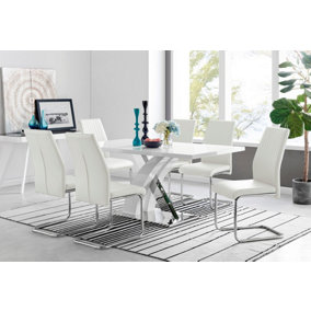 Atlanta White High Gloss and Chrome 6 Seater Dining Table with Statement X Shaped Legs and 6 White Faux Leather Lorenzo Chairs