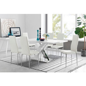 Atlanta White High Gloss and Chrome 6 Seater Dining Table with Statement X Shaped Legs and 6 White Faux Leather Milan Chairs