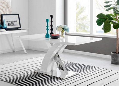 Atlanta White High Gloss and Chrome 6 Seater Dining Table with Statement X Shaped Legs for Modern Stylish Dining Room