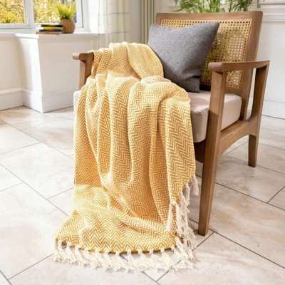 Audley Chevron Herringbone Throw Blanket - Mustard, 150 x 200cm