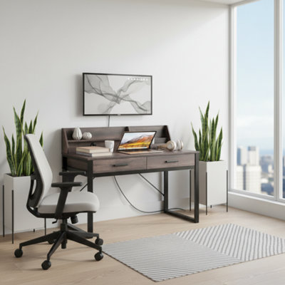 Aukland Modern Dark Walnut Effect Writing Study Desk with Drawers and Hutch