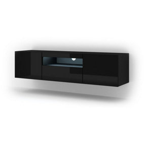 Aura Modern TV Cabinet 150cm in Black Gloss with Blue LED Lighting - W1500mm x H36-420mm x D370mm