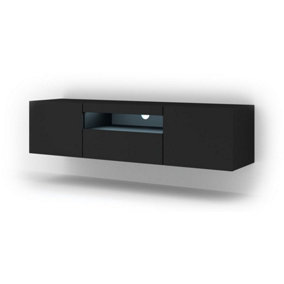 Aura Modern TV Cabinet 150cm in Black Matt with Blue LED Lighting - W1500mm x H36-420mm x D370mm