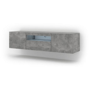Aura Modern TV Cabinet 150cm in Concrete with Blue LED Lighting - W1500mm x H36-420mm x D370mm