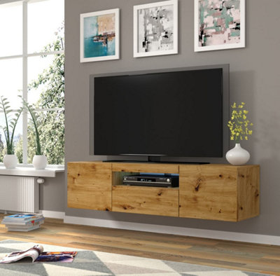 Aura Modern TV Cabinet 150cm in Oak Artisan with Blue LED Lighting - W1500mm x H36-420mm x D370mm