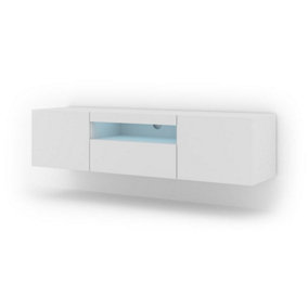Aura Modern TV Cabinet 150cm in White Matt with Blue LED Lighting - W1500mm x H36-420mm x D370mm