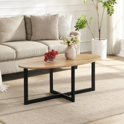 Aura Wooden Oval Coffee Table with Black Metal Legs