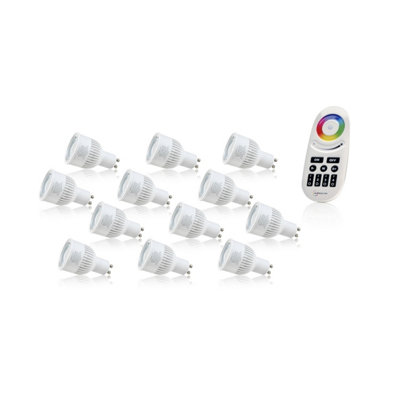 Auraglow 2.4GHz Remote Control RGB GU10 LED Light Bulb - 60w EQV - 12 Pack With 4 Zone Remote