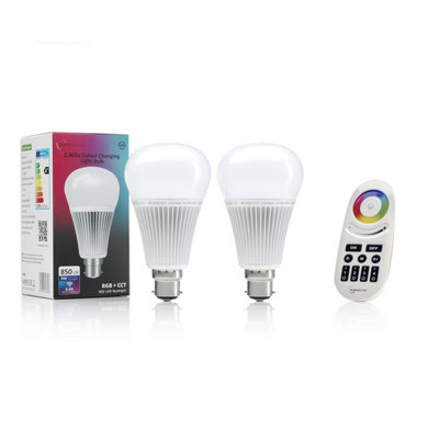 Auraglow 2.4Ghz RGB CCT Smart B22 LED Light Bulb - 70w EQV with 4 Zone Remote - 2 PACK