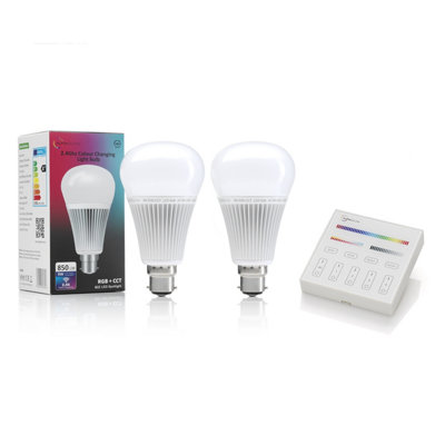 Auraglow 2.4Ghz RGB CCT Smart B22 LED Light Bulb - 70w EQV with Smart Panel Wall Remote - 2 PACK