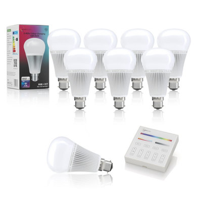 Auraglow 2.4Ghz RGB CCT Smart B22 LED Light Bulb - 70w EQV with Smart Panel Wall Remote - 8 PACK