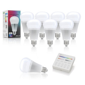 Auraglow 2.4Ghz RGB CCT Smart E27 LED Light Bulb - 70w EQV with Smart Panel Wall Remote - 8 PACK