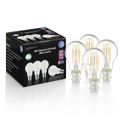 Auraglow 8W Filament LED B22 Bulb Warm White - Pack of 4