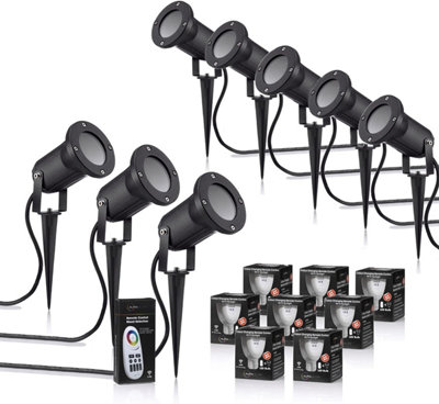 Auraglow Deep Recessed GU10 Holder Garden Spike Light Outdoor Uplighter & RF Remote Colour Changing LED Bulb Bundle - Eight Pack
