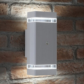Auraglow Dusk Till Dawn Sensor Double Up & Down Wall Light - THRUXTON - Silver - Cool White (6500k)