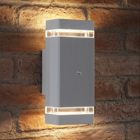 Auraglow Dusk Till Dawn Sensor Double Up & Down Wall Light - THRUXTON - Silver - Warm White (3000k)