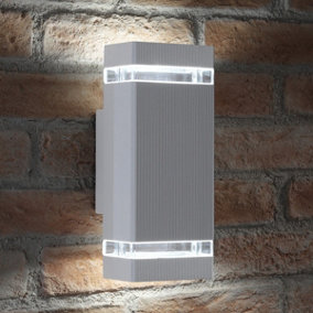 Auraglow Large Outdoor Double Up & Down Wall Light - Square - Silver - Cool White