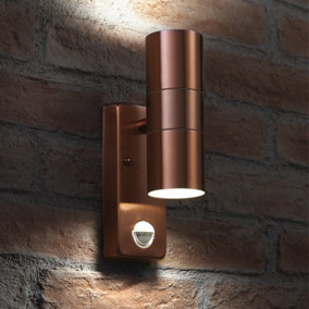 Auraglow PIR Motion Sensor Stainless Steel Up & Down Outdoor Wall Security Light - Warminster - Copper - Cool White