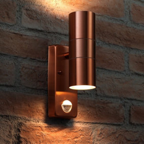 Auraglow PIR Motion Sensor Stainless Steel Up & Down Outdoor Wall Security Light - Warminster - Copper - Warm White