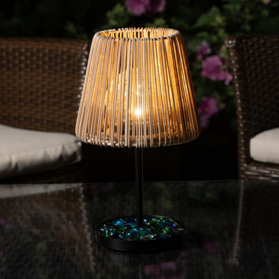 Auraglow Solar Rattan-Style Outdoor Table Lamp With Crackle Glass Bulb