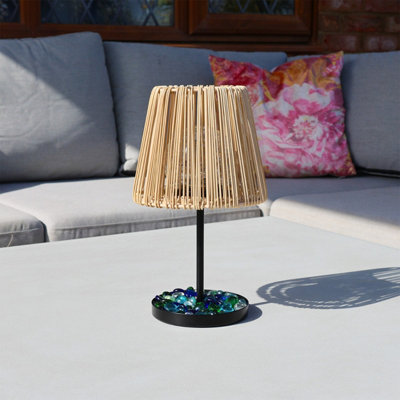 Auraglow Solar Rattan-Style Outdoor Table Lamp With Crackle Glass Bulb